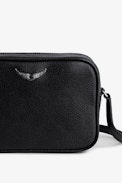Boxy Wings Bag - Black leather bag with silver wings on front.
