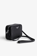 Boxy Wings Bag - Black leather bag with silver wings on front.