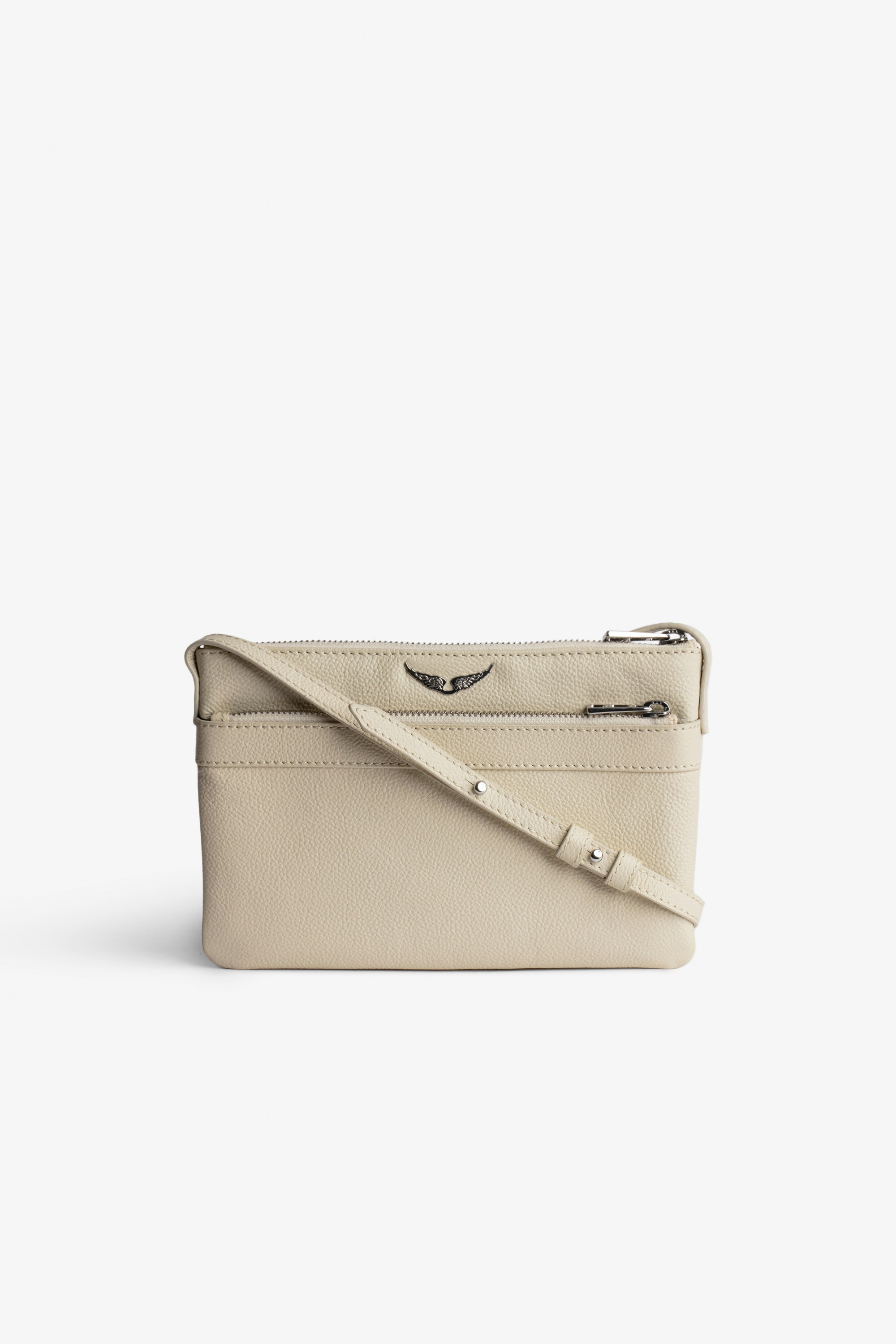 Stella Bag - White multi-pocket bag with long strap and wings on front.