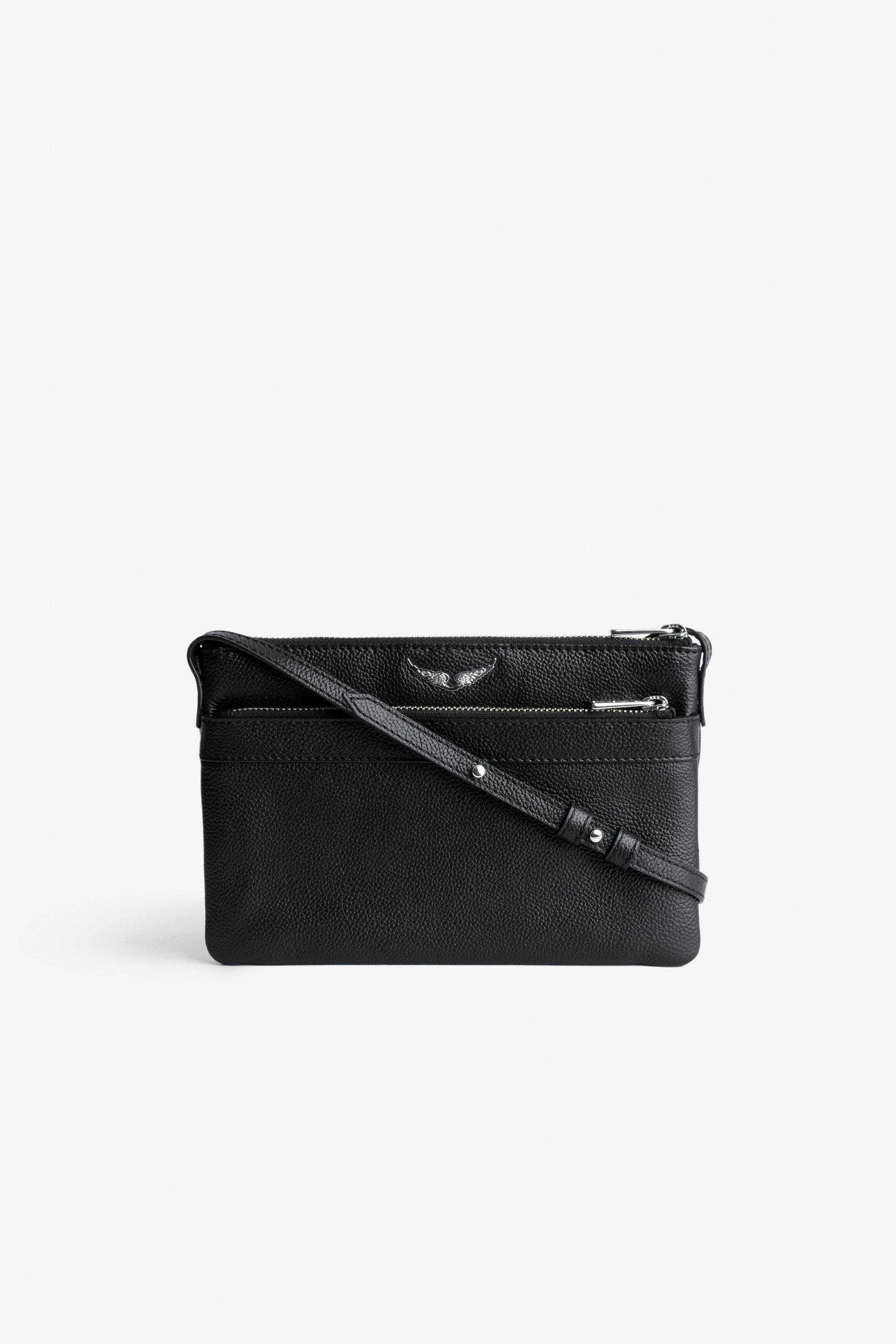 Stella Bag - Black multi-pocket bag with long strap and wings on front.