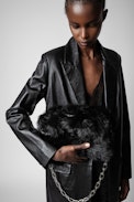 Rockyssime Bag - Women’s clutch in black faux fur with gold-tone and metal chain