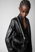 Rockyssime Bag - Women’s clutch in black faux fur with gold-tone and metal chain