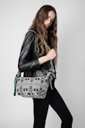 Borsa Le Cecilia Folk Jacquard - Borsa in jacquard nero con motivo folk a contrasto, dotata di manico e impreziosita da una fibbia in metallo a C - Donna