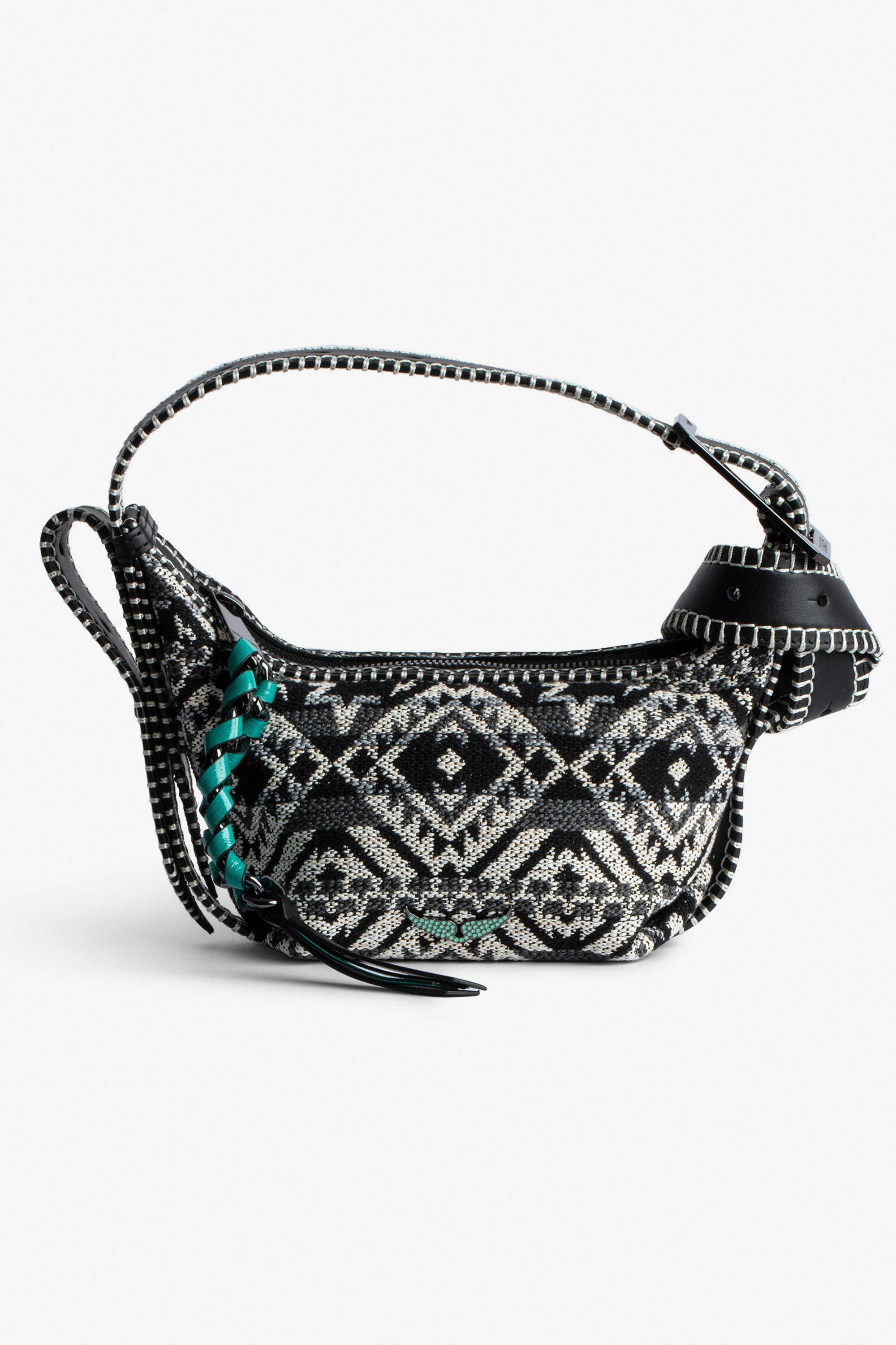 Le Cecilia XS Folk Jacquard Bag Women’s small bag in black Jacquard with contrasting folk motif, handle and C-shaped metal buckle