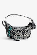 Le Cecilia XS Folk Jacquard Bag - Women’s small bag in black Jacquard with contrasting folk motif, handle and C-shaped metal buckle