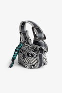 Le Cecilia XS Folk Jacquard Bag - Women’s small bag in black Jacquard with contrasting folk motif, handle and C-shaped metal buckle