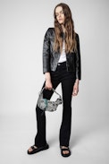 Le Cecilia XS Folk Jacquard Bag - Women’s small bag in black Jacquard with contrasting folk motif, handle and C-shaped metal buckle