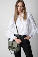 Kate Bag - Women's khaki canvas shoulder bag with python panels