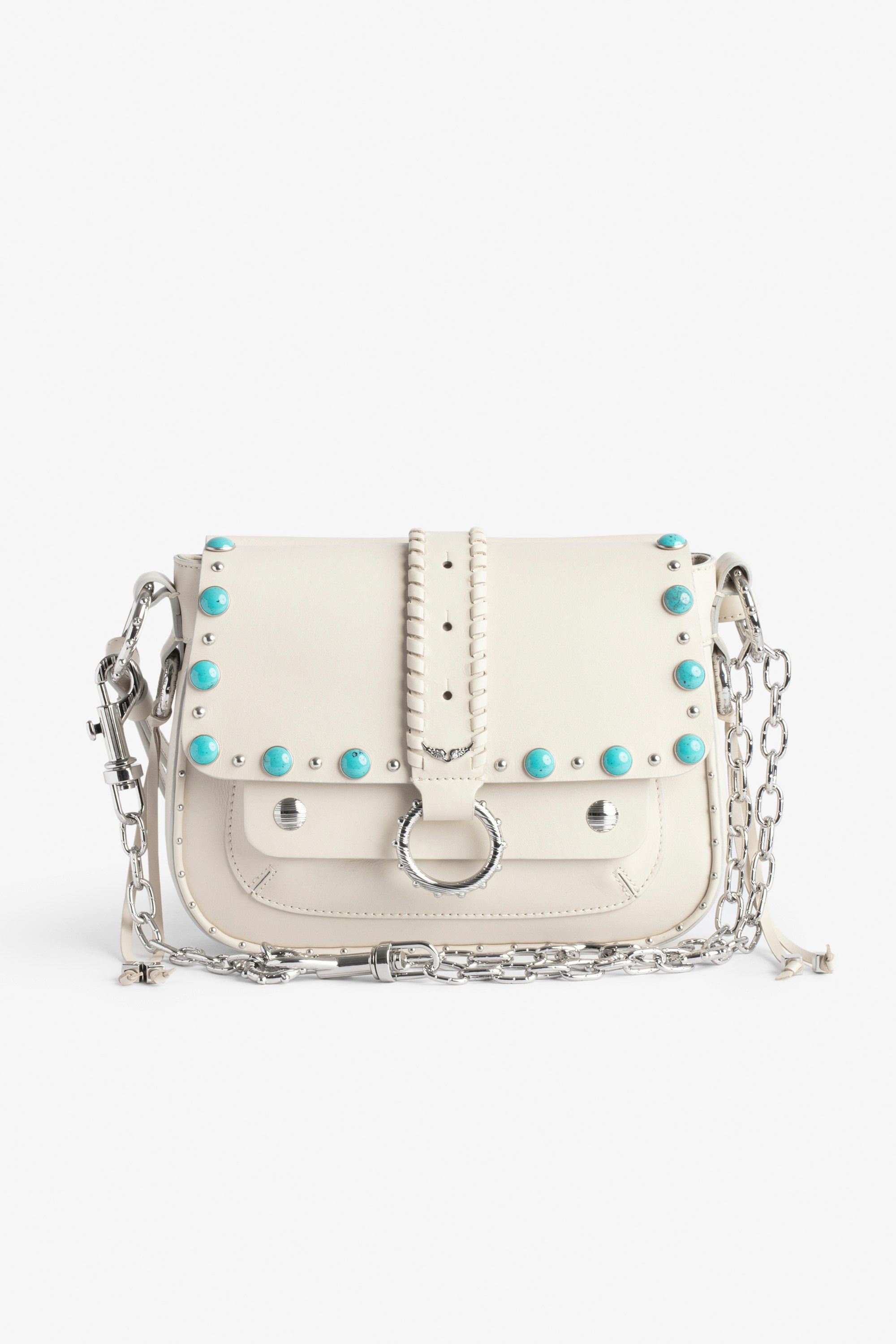Kate Bag Women's shoulder bag in ecru leather studded with turquoise gems