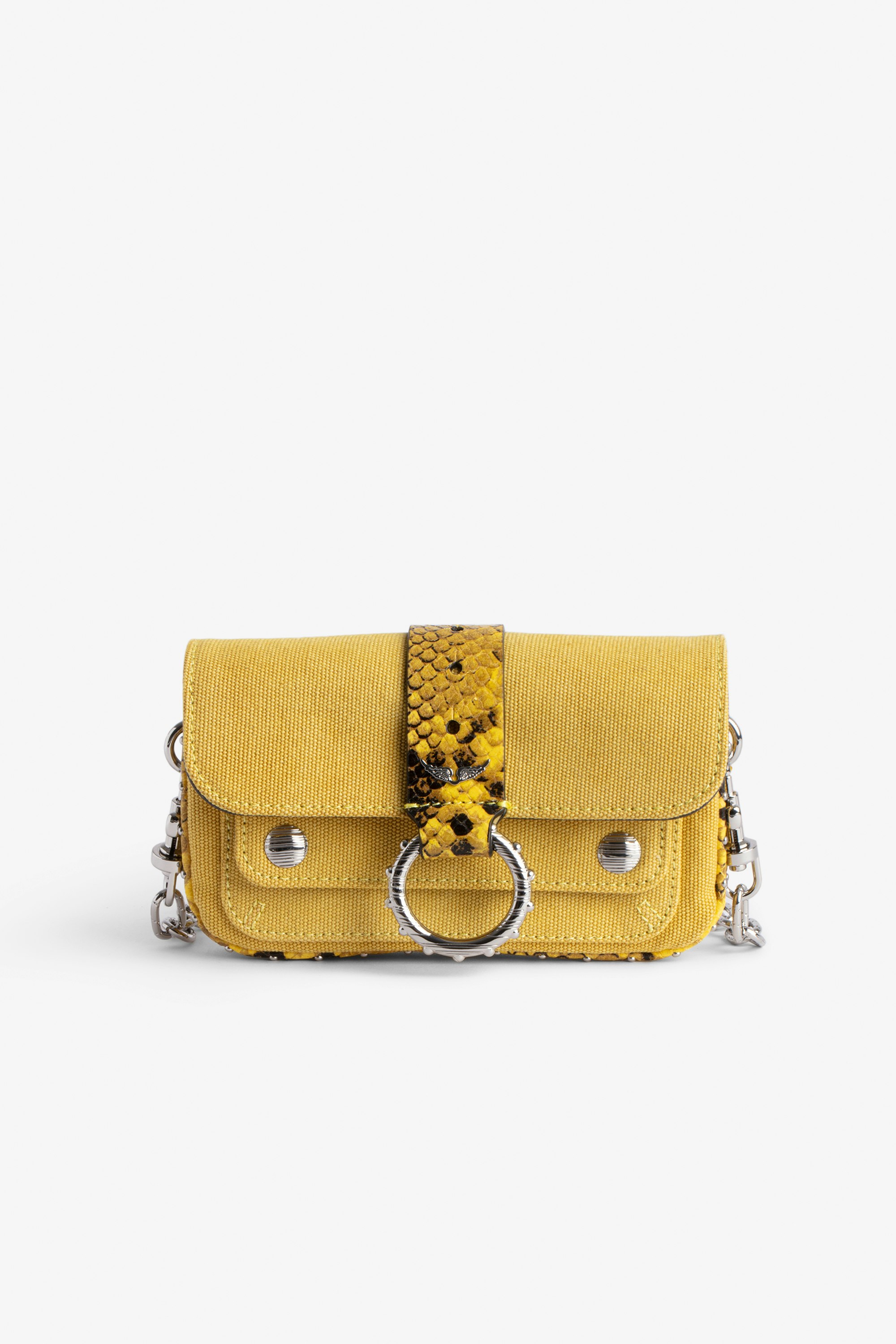 Tasche Kate Wallet Kleine Damen-Handtasche aus gelbem Baumwoll-Canvas mit Bändern und Schlaufe in Python-Optik