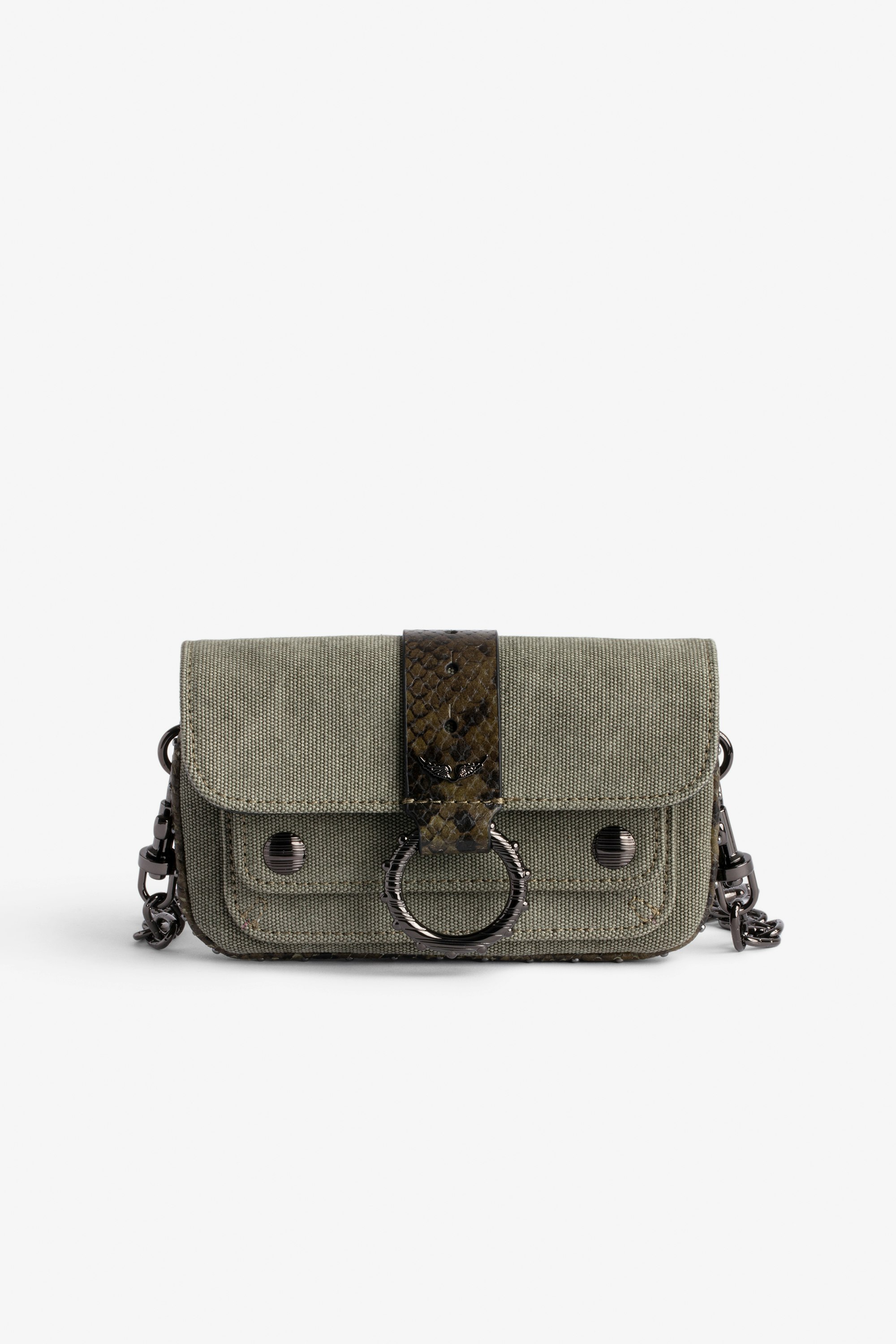 Tasche Kate Wallet Kleine Damen-Handtasche aus khakifarbenem Baumwoll-Canvas mit Bändern und Schlaufe in Python-Optik