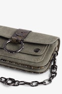 Bolso Kate Wallet - Bolso pequeño caqui de lona de algodón para mujer con ribetes y presilla con estampado de pitón