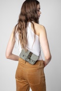 Bolso Kate Wallet - Bolso pequeño caqui de lona de algodón para mujer con ribetes y presilla con estampado de pitón