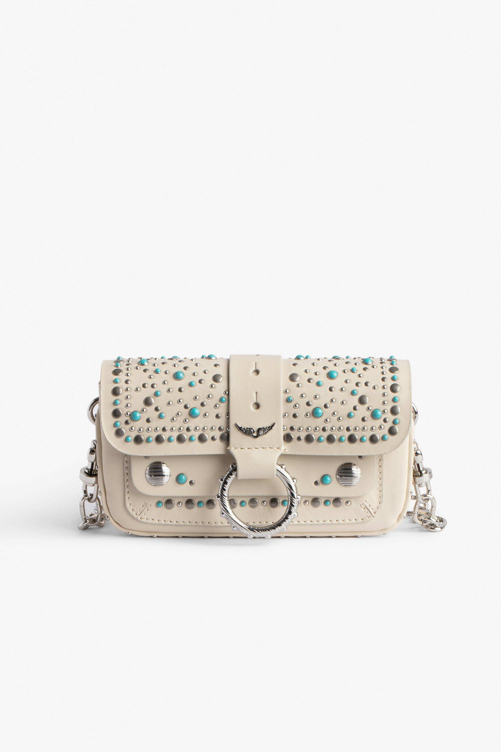 Tasche Kate Wallet Kleine Damen-Handtasche aus Leder in Ecru mit türkisblauen Schmucksteinen