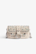 Kate Wallet Bag - Women’s small bag in ecru leather studded with turquoise-blue stones