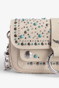 Kate Wallet Bag - Women’s small bag in ecru leather studded with turquoise-blue stones