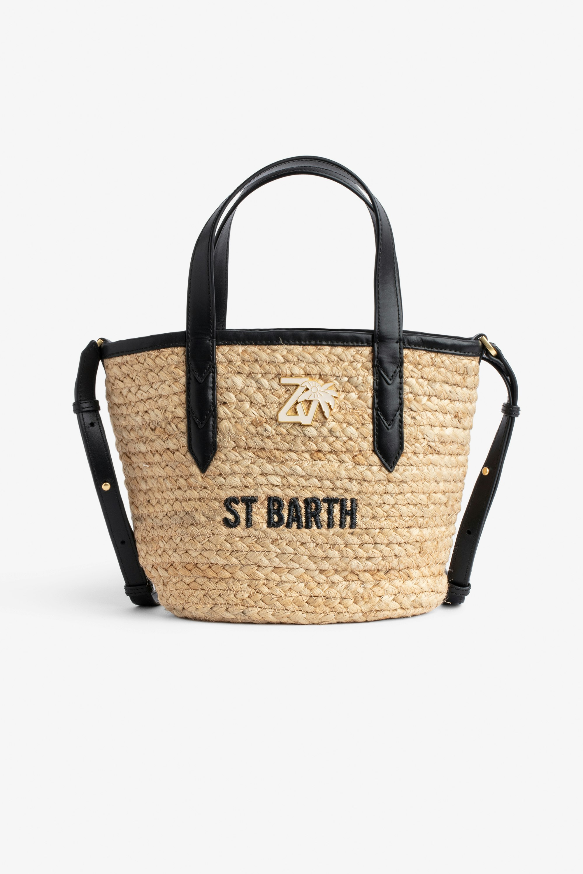 Le Baby Beach Bag ブラックレザーショルダーストラップ付きストローバッグ、「St Barth」刺繍と「ZV」のチャーム付属 レディース
