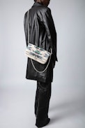 Rock Clutch - Women’s clutch in ecru leather with multicolour beads and a double leather-and-metal chain