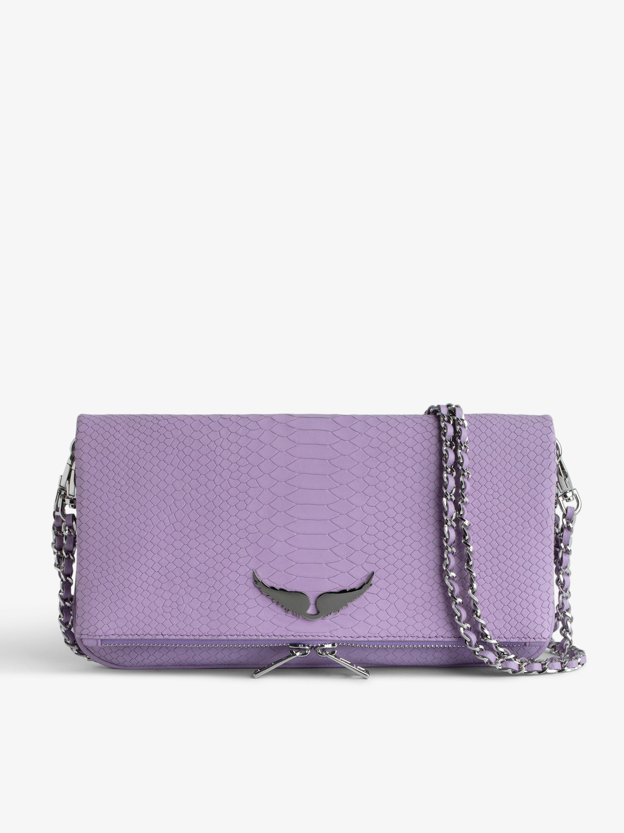 Bolso de Mano Rock Soft Savage - Bolso de mano de piel con efecto pitón en color violeta, con doble cadena de cuero y metal.