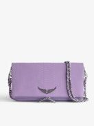 Rock Soft Savage Pochette - Violette Clutch aus Leder in Python-Optik mit Doppelkette aus Leder und Metall.