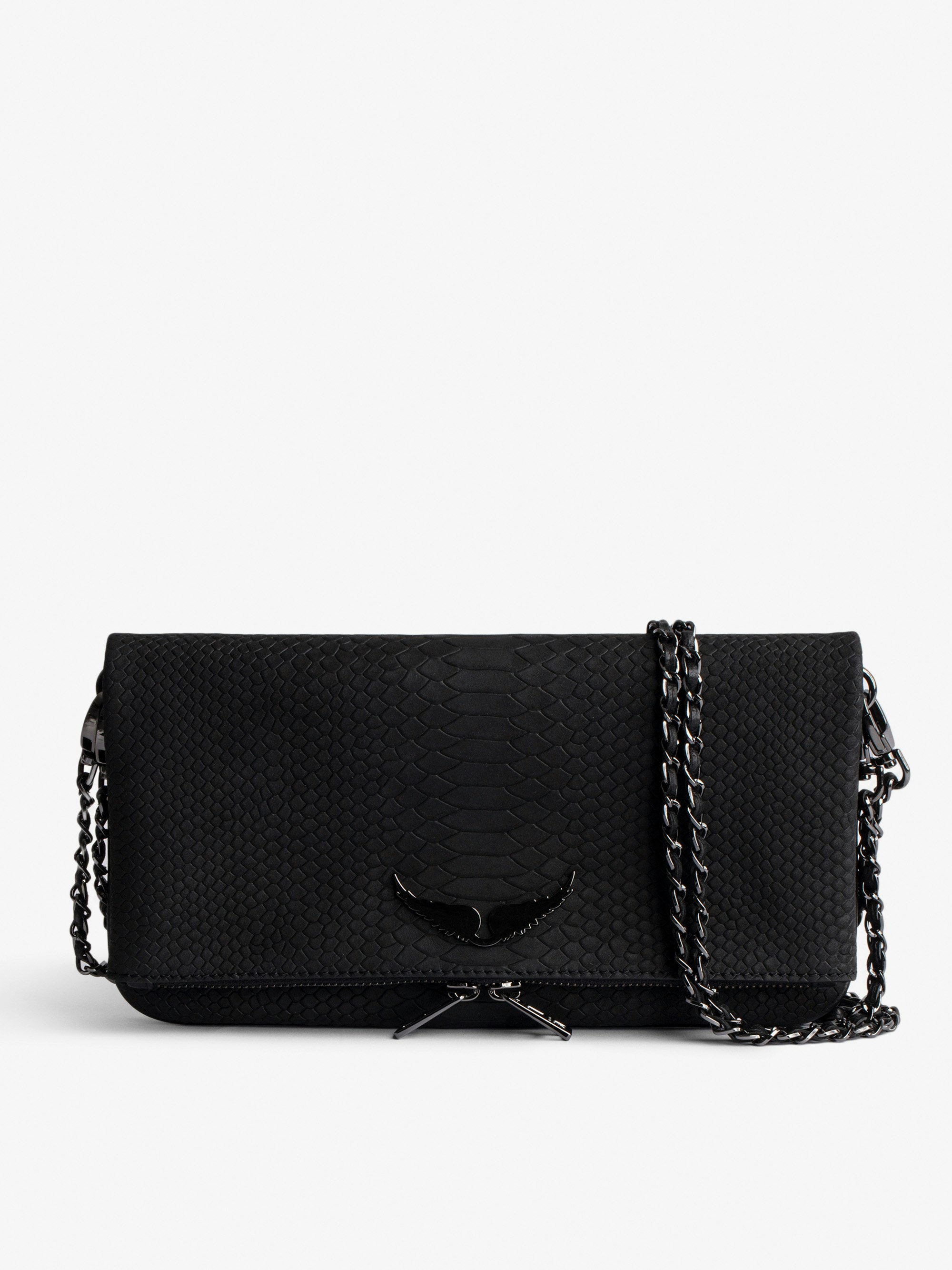 Rock Soft Savage Clutch - Women’s clutch in black python-effect leather with double leather-and-metal chain