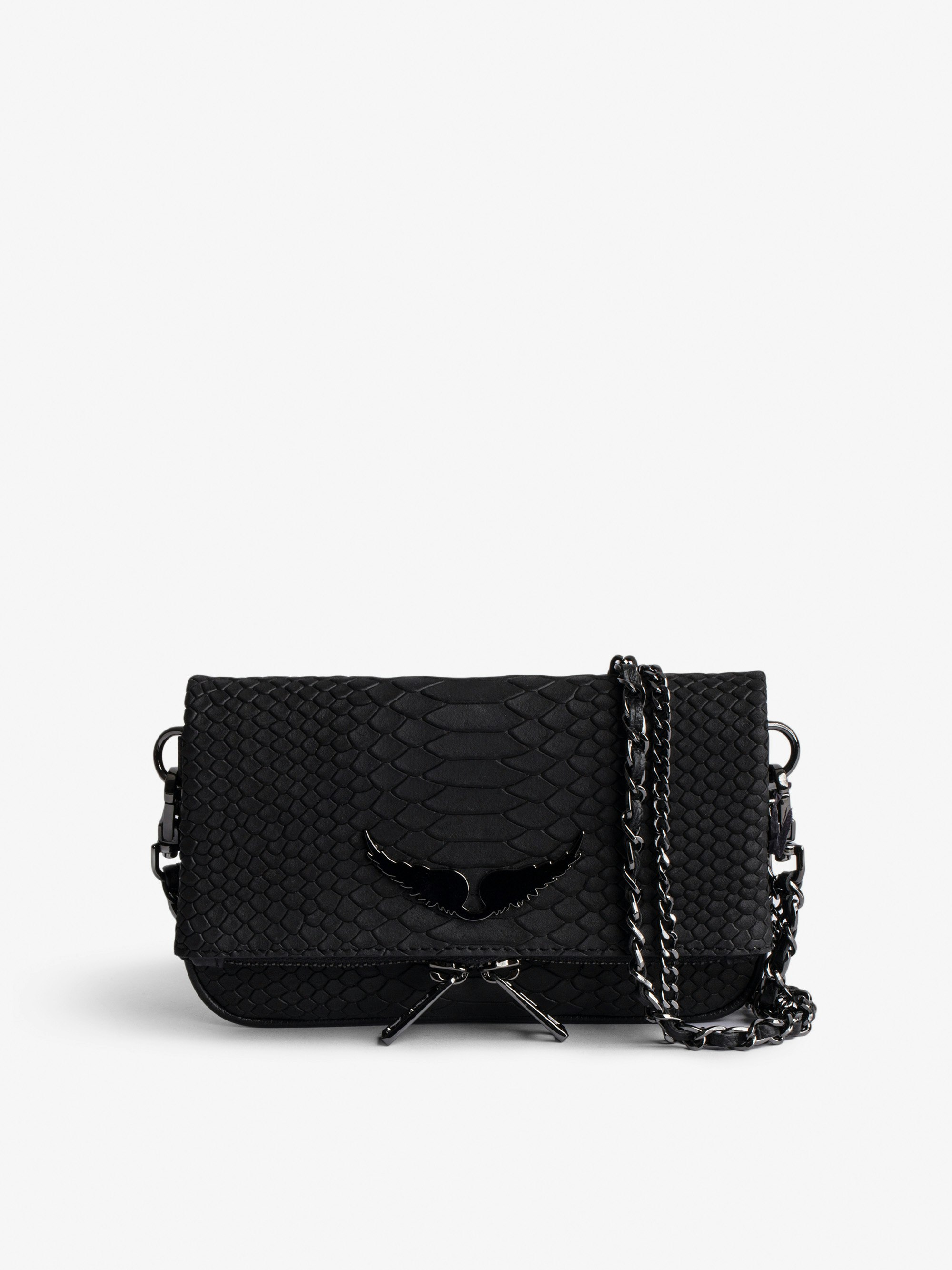 Nano Soft Savage Rock Clutch - Women’s small clutch in black python-effect leather with double leather-and-metal chain