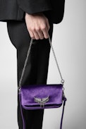 Velvet Rock Nano Clutch - Women’s Rock Nano clutch in violet velvet with leather and chain shoulder strap, embellished with a wings charm and stars