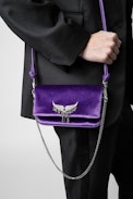 Velvet Rock Nano Clutch - Women’s Rock Nano clutch in violet velvet with leather and chain shoulder strap, embellished with a wings charm and stars