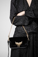 Velvet Rock Nano Clutch - Women’s Rock Nano clutch in black velvet with leather and chain shoulder strap, embellished with a wings charm and stars