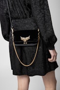 Velvet Rock Nano Clutch - Women’s Rock Nano clutch in black velvet with leather and chain shoulder strap, embellished with a wings charm and stars