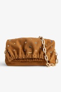 Tasche Rockyssime - Camelfarbene Damen-Handtasche aus Veloursleder mit mehrfarbigen Kristallen Swarovski, gerafftem Verschluss und Metallkette