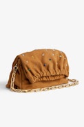 Tasche Rockyssime - Camelfarbene Damen-Handtasche aus Veloursleder mit mehrfarbigen Kristallen Swarovski, gerafftem Verschluss und Metallkette