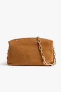 Tasche Rockyssime - Camelfarbene Damen-Handtasche aus Veloursleder mit mehrfarbigen Kristallen Swarovski, gerafftem Verschluss und Metallkette