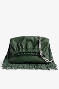 Tasche Rockyssime - Khakifarbene Damen-Handtasche aus glattem Lammleder mit gerafftem Verschluss und Metallkette mit Fransen