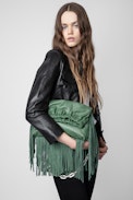 Tasche Rockyssime - Khakifarbene Damen-Handtasche aus glattem Lammleder mit gerafftem Verschluss und Metallkette mit Fransen