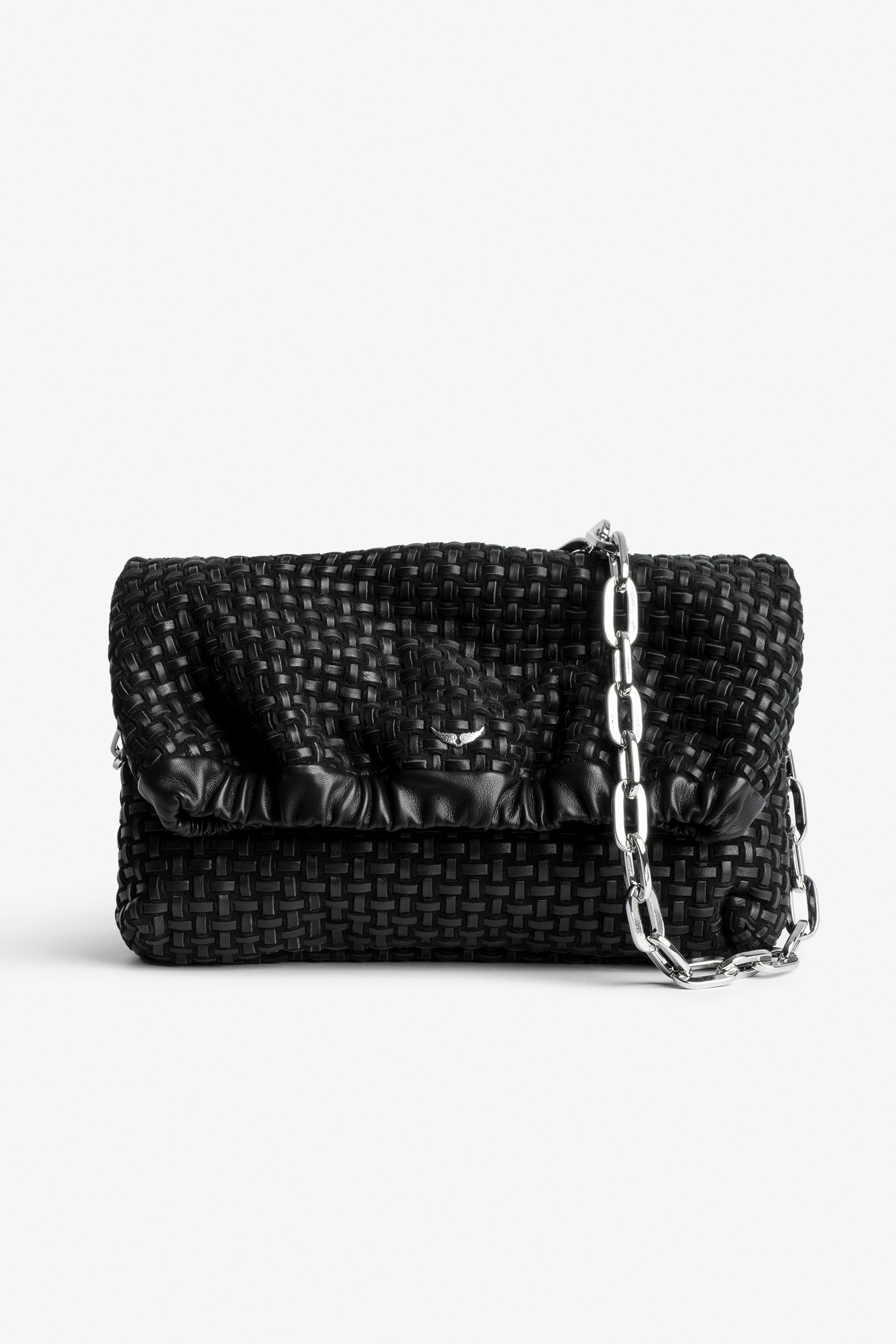 Rockyssime Bag Women’s bag in black latticework leather with gathered closure and metal chain