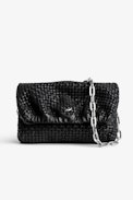 Rockyssime Bag - Women’s bag in black latticework leather with gathered closure and metal chain