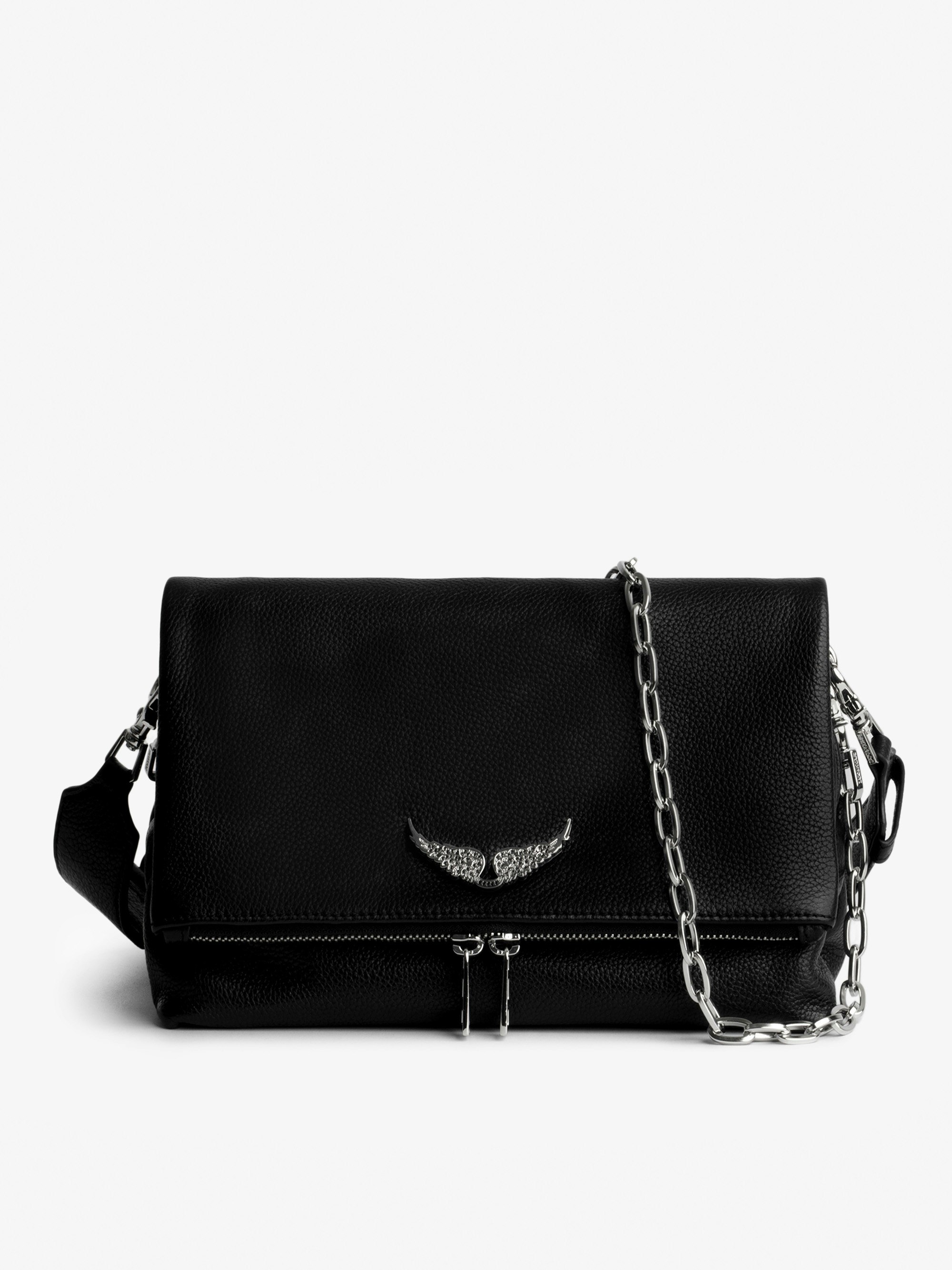 Tasche Rocky Swing Your Wings - Damentasche Rocky aus schwarzem Leder mit silberfarbener Metallkette