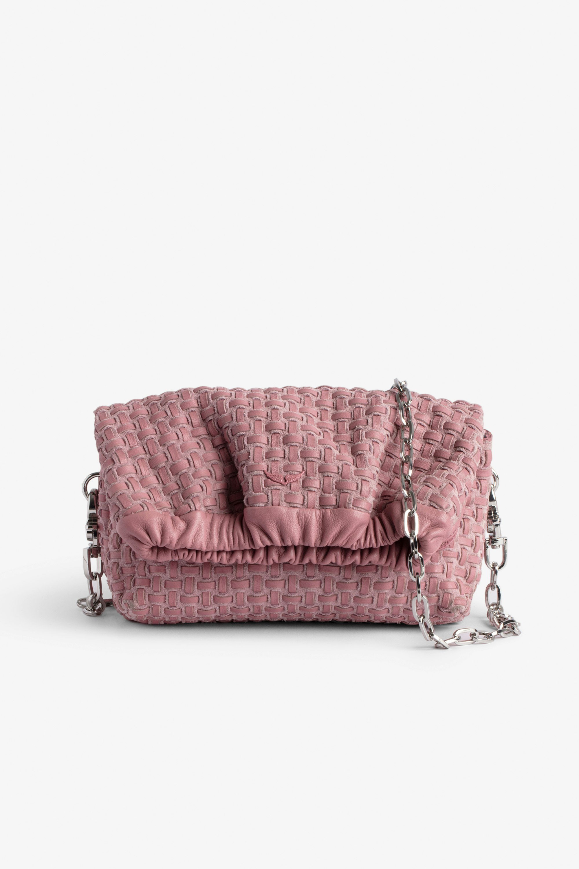 Borsa Rockyssime XS Piccola borsa in pelle rosa intrecciata con chiusura arricciata e catena in metallo - Donna
