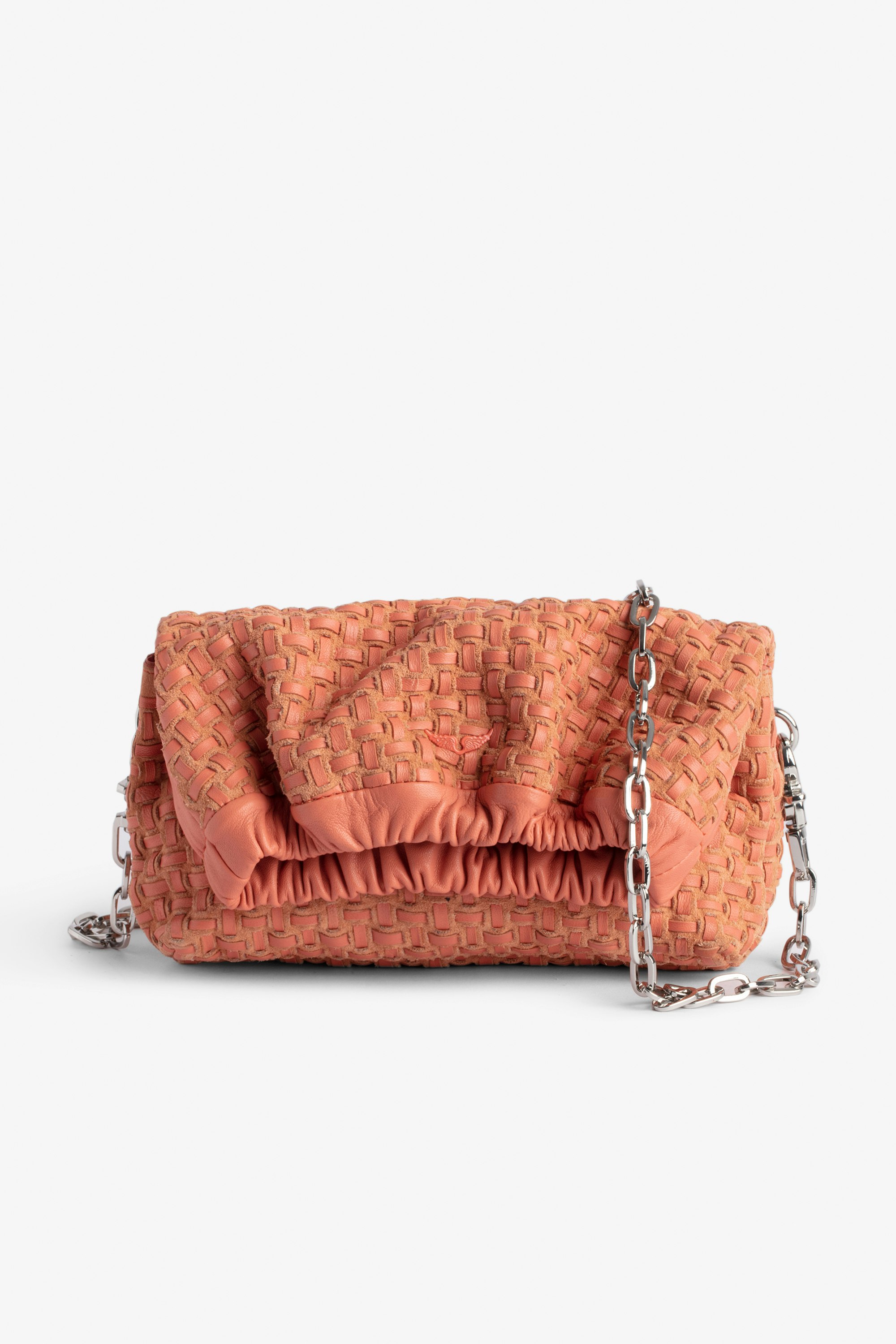 Borsa Rockyssime XS Piccola borsa in pelle arancione intrecciata con chiusura arricciata e catena in metallo - Donna