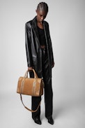Sunny Medium #2 Bag - Women's Voltaire camel suede bag with contrasting stitching and shoulder strap