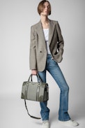 Sunny Medium #2 Bag - Women's Voltaire bag in khaki cotton canvas and leather with handle and shoulder strap