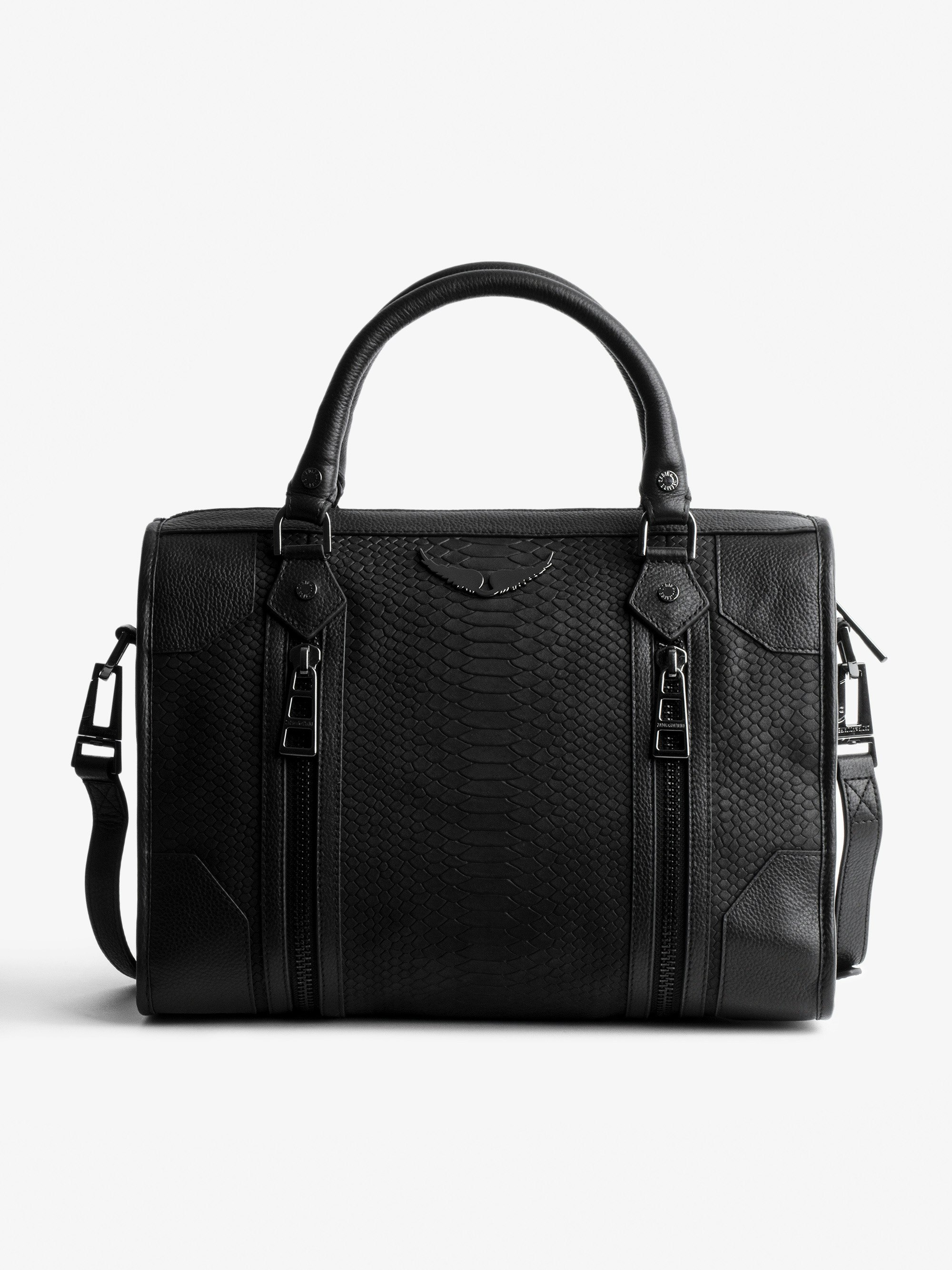 Tasche Sunny Medium #2 Soft Savage - Damen-Handtasche aus schwarzem Leder in Python-Optik.