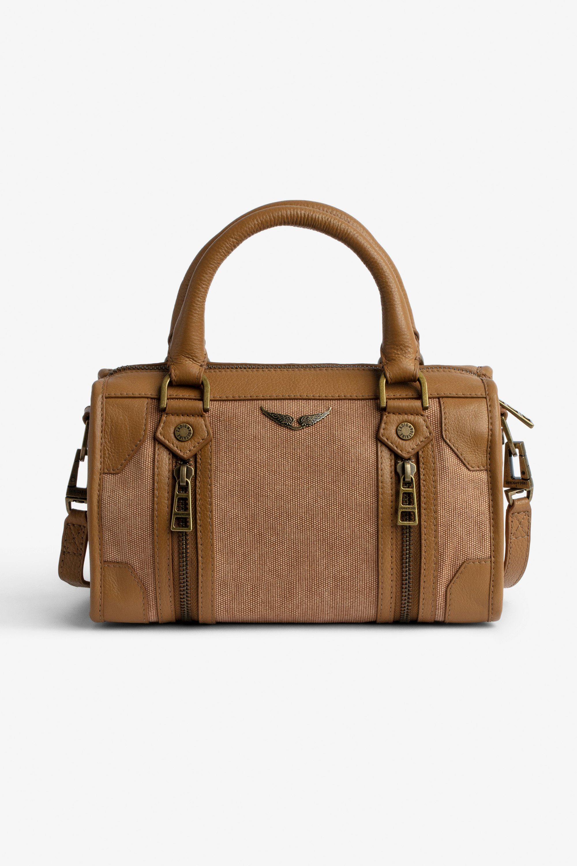 Tasche XS Sunny #2 Kleine Damen-Handtasche aus camelfarbenem Baumwoll-Canvas mit Henkel und „Voltaire“-Schulterriemen