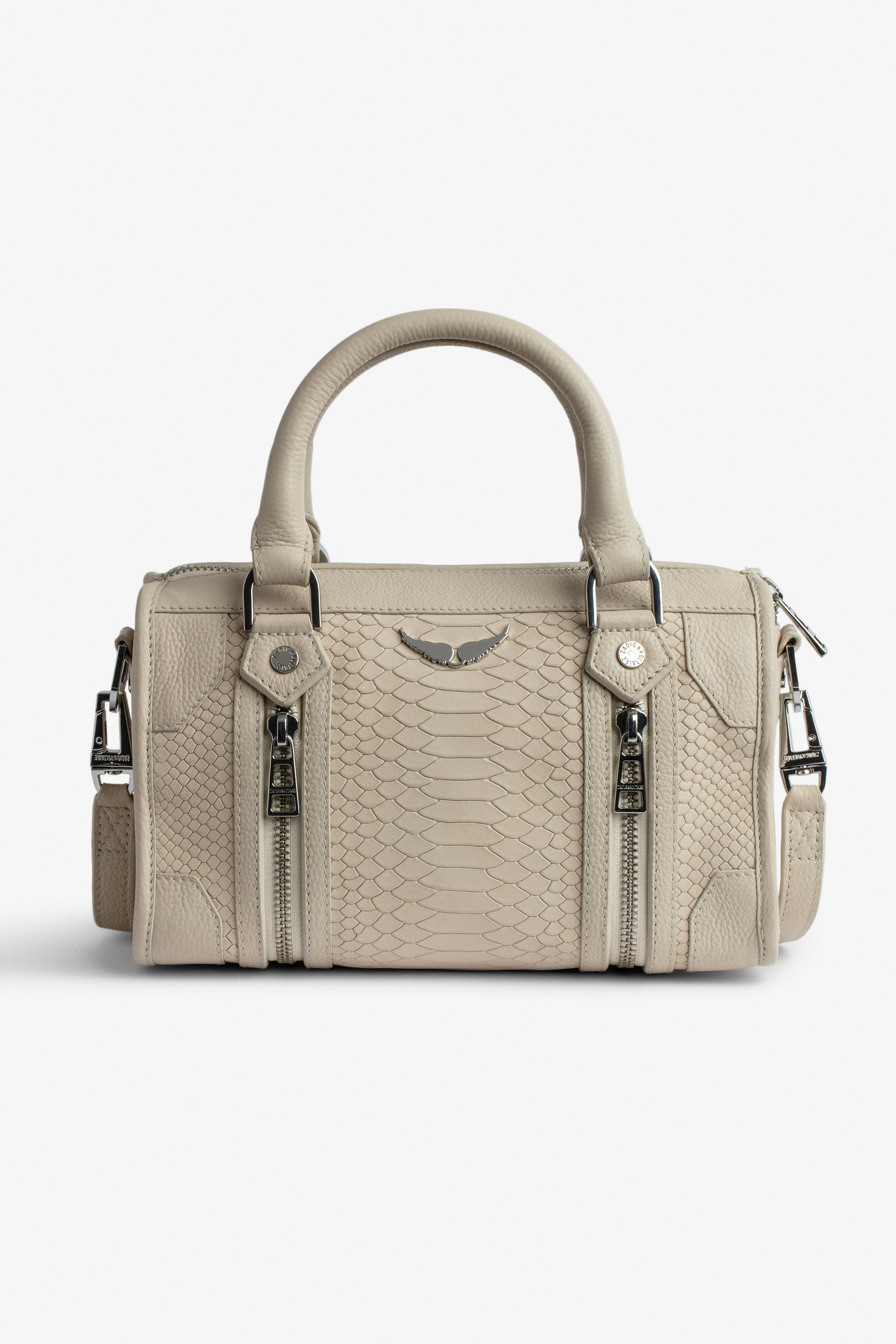 Tasche XS Sunny #2 Soft Savage - Kleine Damen-Handtasche aus ecrufarbenem Leder in Python-Optik mit Henkel und Voltaire