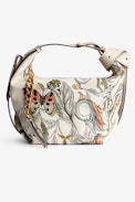 Le Cecilia Bag - Women’s bag in ecru leather with flower-and-skull print, and fitted with a handle and C-shaped metal buckle