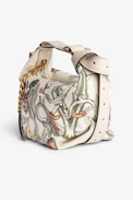 Le Cecilia Bag - Women’s bag in ecru leather with flower-and-skull print, and fitted with a handle and C-shaped metal buckle