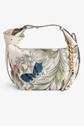 Le Cecilia Bag - Women’s bag in ecru leather with flower-and-skull print, and fitted with a handle and C-shaped metal buckle