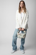Le Cecilia Bag - Women’s bag in ecru leather with flower-and-skull print, and fitted with a handle and C-shaped metal buckle