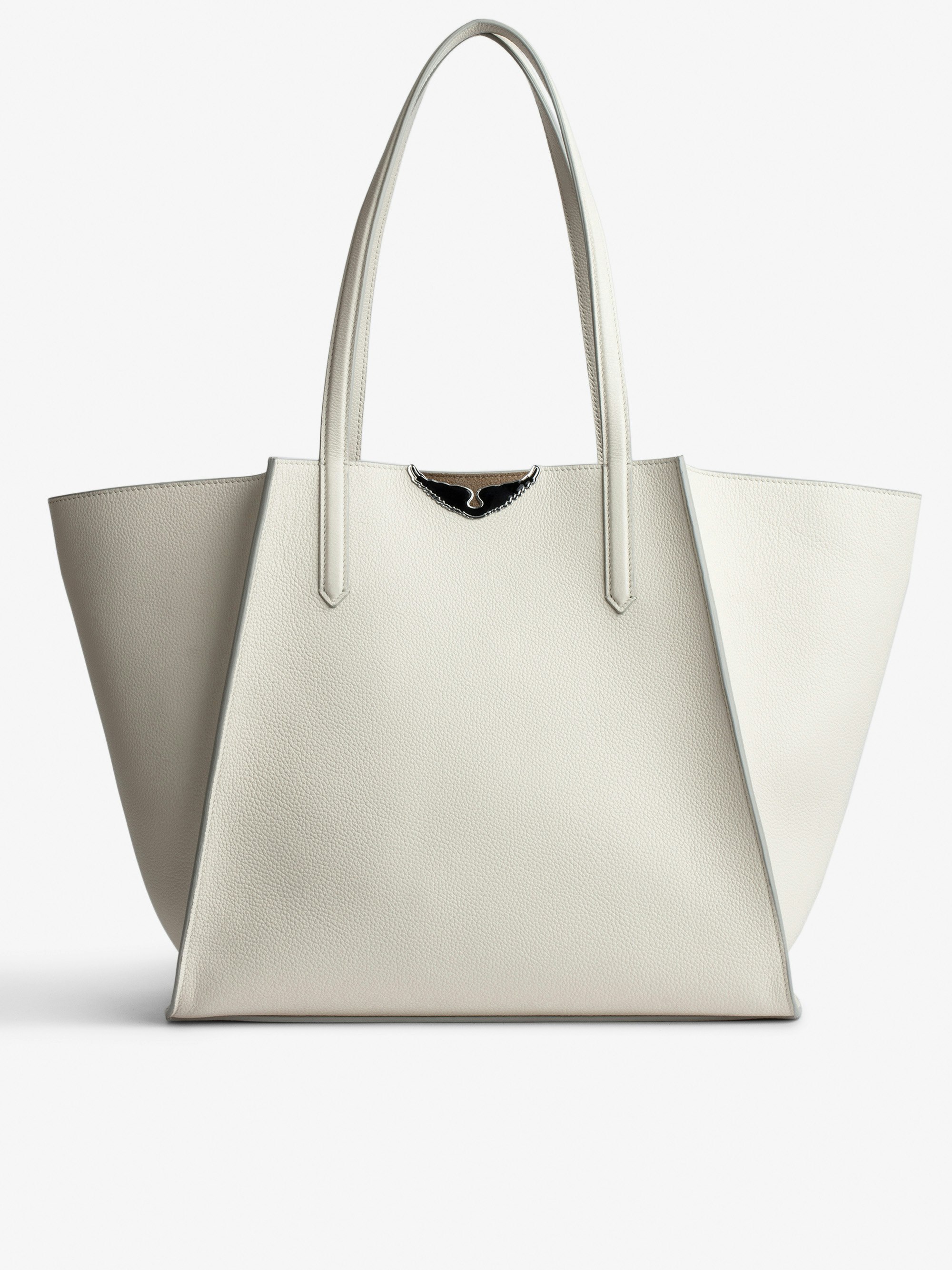 Le Borderline Bag - Women's tote bag in ecru grained leather and beige suede with black lacquered wings